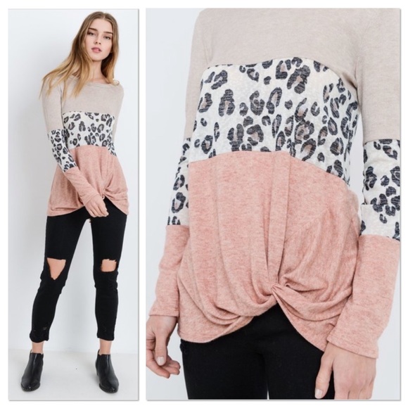 Oatmeal Color Block Leopard Print Top - Picture 4 of 5